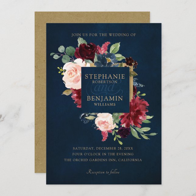 Convite Watercolor Burgundy Red Marinho Floral Russo Boho (Frente/Verso)