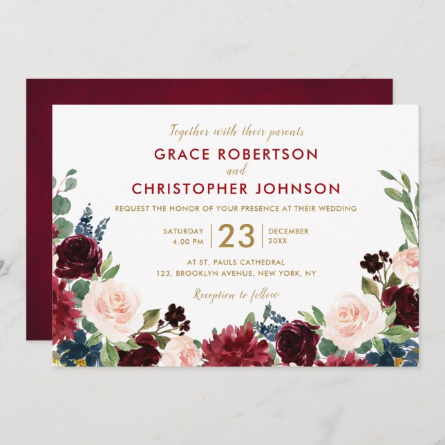 Convite Watercolor Burgundy Red Marinho Floral Russo Boho (Frente/Verso)