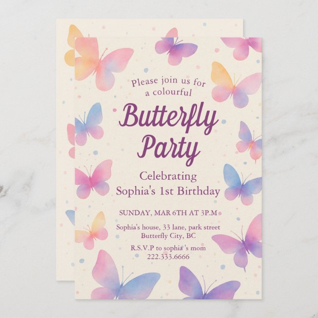 Convite Watercolor Butterfly 1st Birthday Party (Frente/Verso)