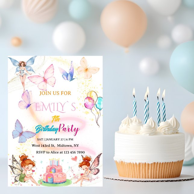 Convite Watercolor Butterfly Magical Fairy Birthday (Criador carregado)