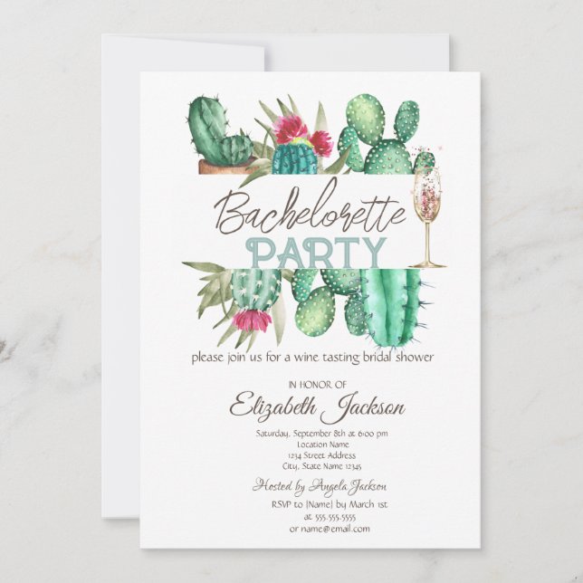 Convite Watercolor Cactus Bolinhas Bachelorette (Frente)