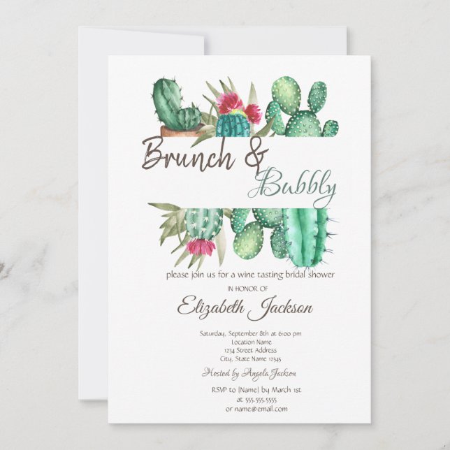 Convite Watercolor Cactus Brunch e Bubble (Frente)