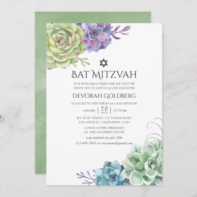Convite Watercolor Cactus Suculta Bat Mitzvah (Frente/Verso)