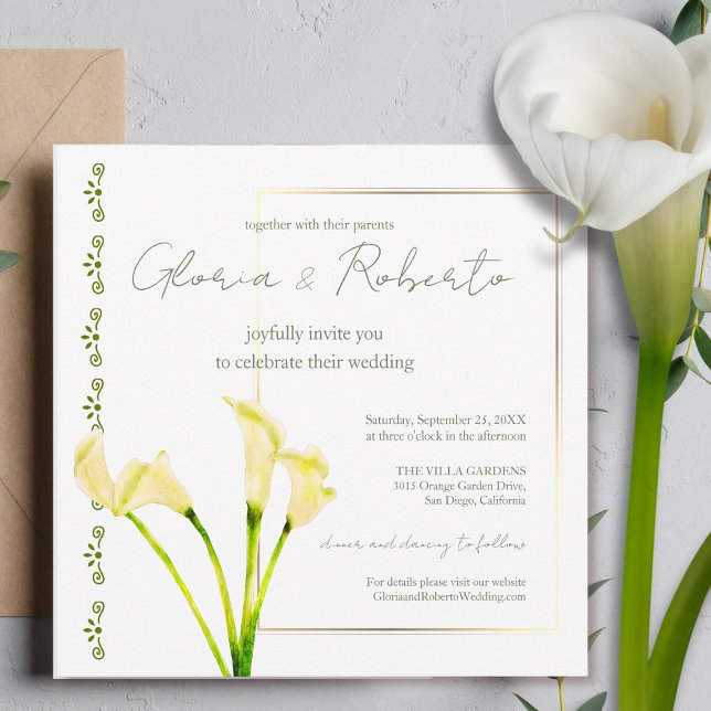 Convite Watercolor Calla Lily com Casamento Dourado (Criador carregado)