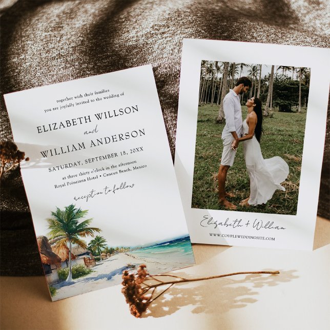 Convite Watercolor Cancun Mexico Beach Wedot Photo (Stunning Watercolor Cancun Beach Wedding Invitation with Photo - Perfect for a Destination Wedding)