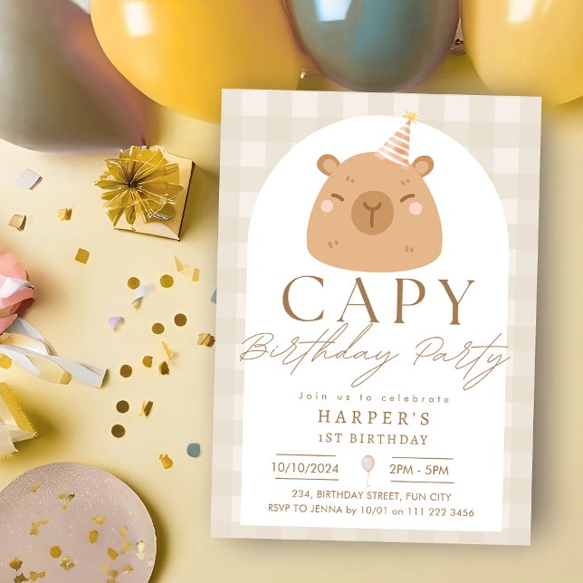 Convite Watercolor Capybara Capy Birthday Neutral (Watercolor Capybara Capy Birthday Neutral Invitation)