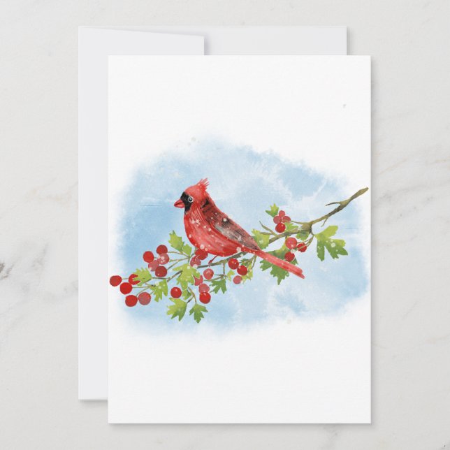 Convite Watercolor Cardinal Bird on Berry Branch (Frente)