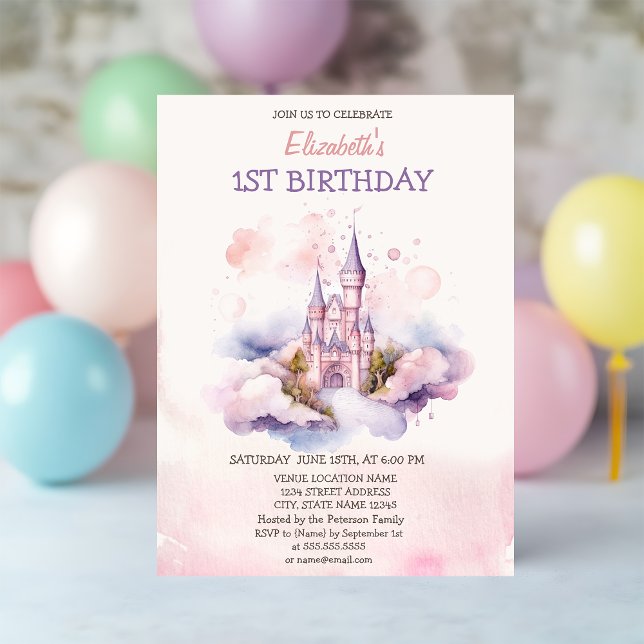 Convite Watercolor Castle Clouds Fairytale Birthday (Criador carregado)