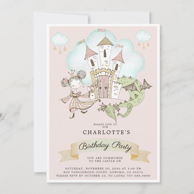 Convite Watercolor Castle Princess Dragon Pink Birth (Frente)