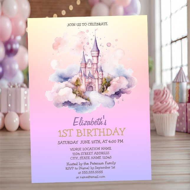 Convite Watercolor Castle Princess Ombre Birthday (Criador carregado)