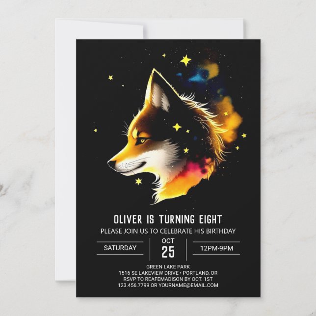 Convite Watercolor Celestial Wolf Cub Howl Aniversário (Frente)