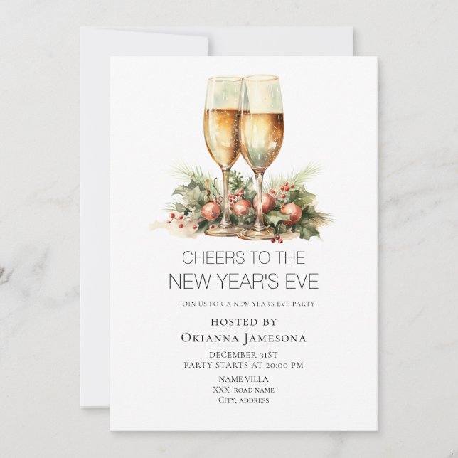 Convite Watercolor Champagne New Year's Eve Party  (Frente)