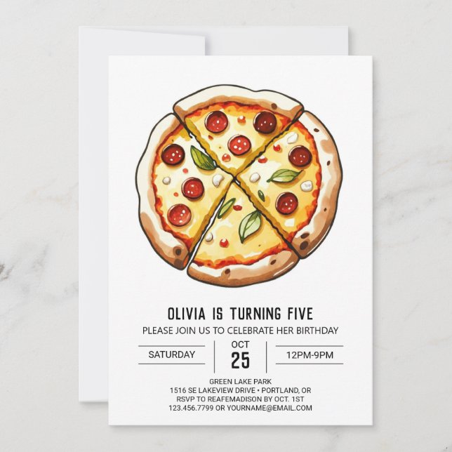 Convite Watercolor Cheese Pizza Birthday (Frente)