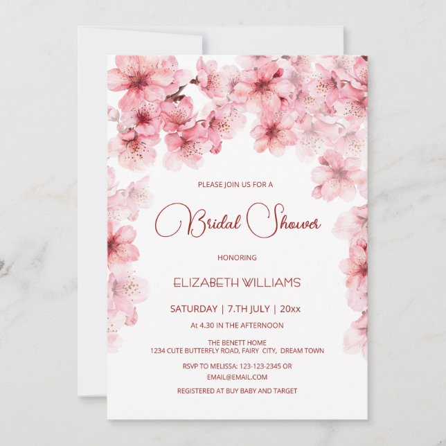Convite  Watercolor Cherry Blossom Bridal Shower (Frente)