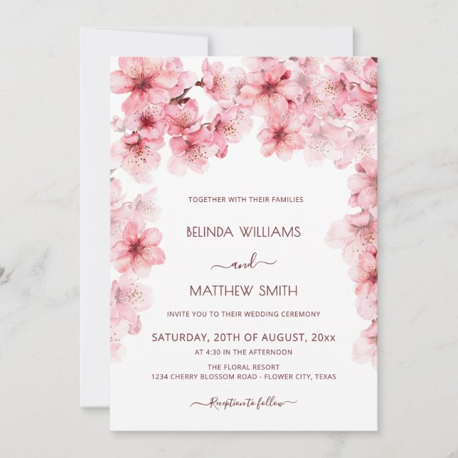 Convite  Watercolor Cherry Blossom Wedding (Frente)