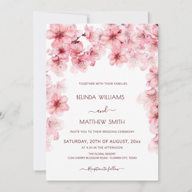 Convite  Watercolor Cherry Blossom Wedding (Frente)