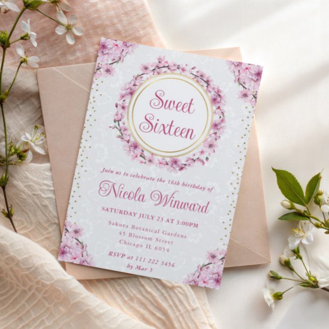 Convite Watercolor Cherry Blossoms Wreath Sweet 16 (Criador carregado)