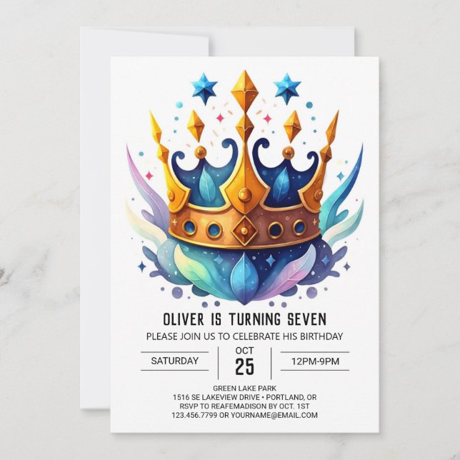 Convite Watercolor Chic Prince Crown Aniversário (Frente)