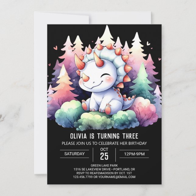 Convite Watercolor Chic Triceratops Birthday (Frente)