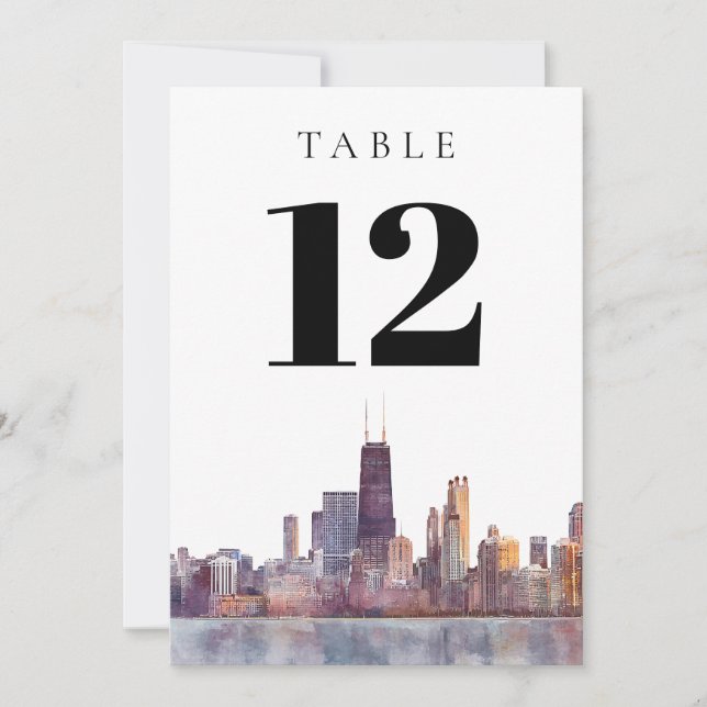 Convite Watercolor Chicago Skyline Table Number (Frente)