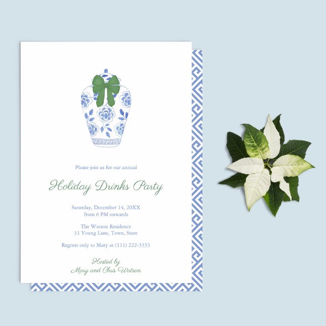 Convite Watercolor Chinoiserie Chic Smart Party (Blue And White Ginger Jar With Green bow hand painted watercolor holidays party invitation)