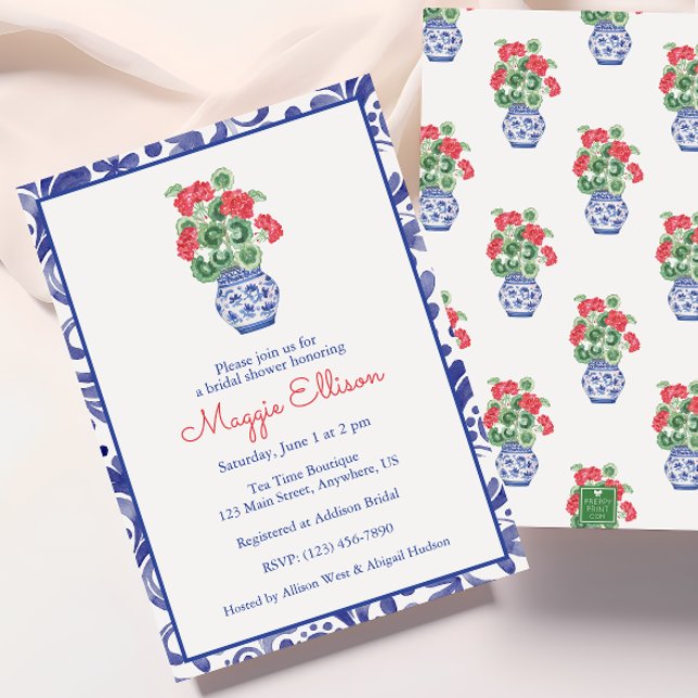 Convite Watercolor Chinoiserie Vase dos Alemães Vermelhos (Criador carregado)