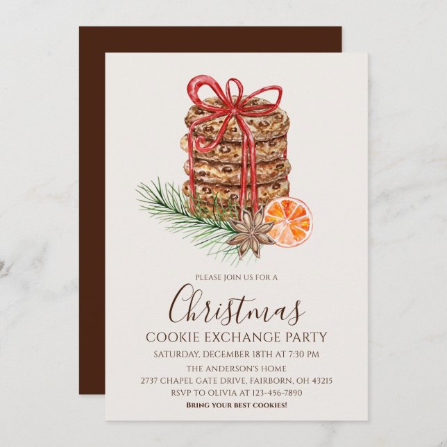 Convite Watercolor Christmas Cookies Exchange Party (Frente/Verso)