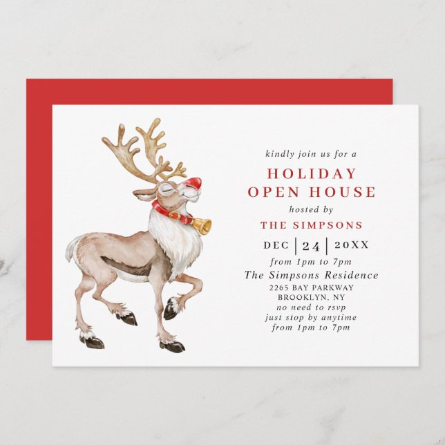 Convite Watercolor Christmas Reindeer HOLIDAY ABEN HOUSE (Frente/Verso)