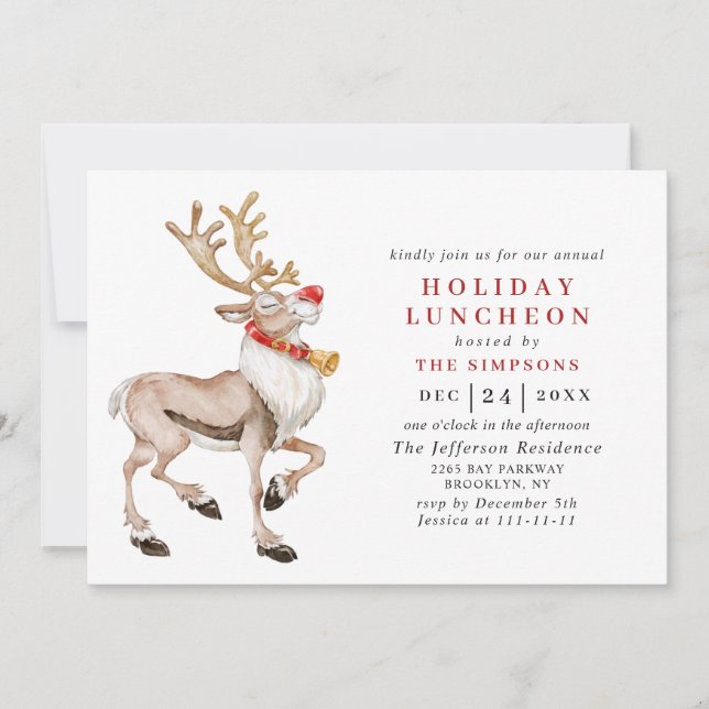 Convite Watercolor Christmas Reindey HOLIDAY LUNCHEON (Frente)