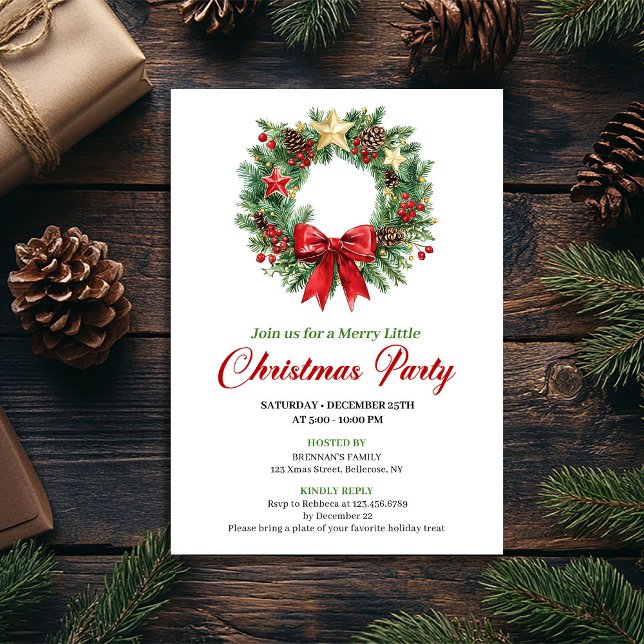 Convite Watercolor Christmas Wreath Holiday Party Card (Watercolor Christmas Wreath Holiday Party Card)