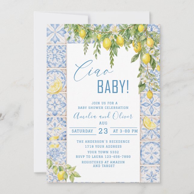 Convite Watercolor ciao bambino lemons baby shower (Frente)