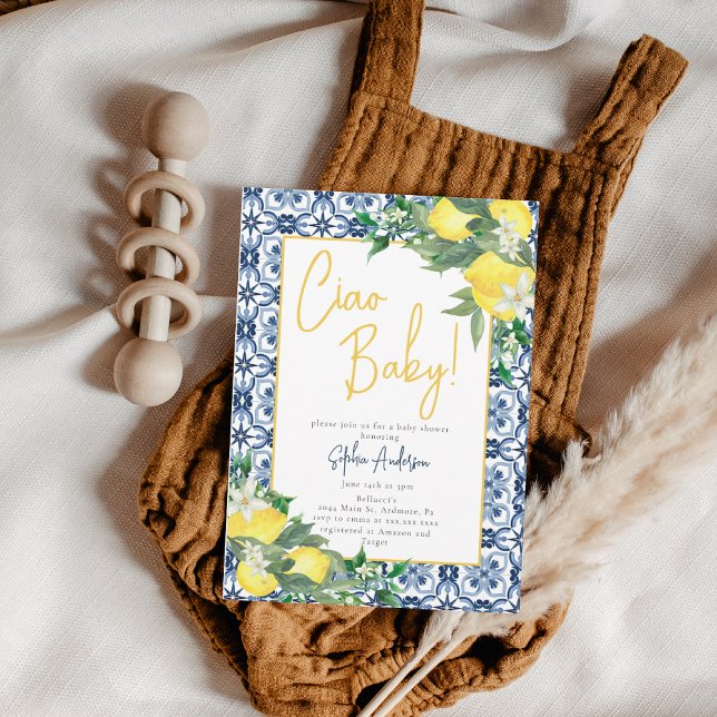 Convite Watercolor Ciao, Bebê! Chá de fraldas de limão ita (Criador carregado)