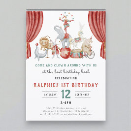 Convite Watercolor Circus Elephant First Birthday