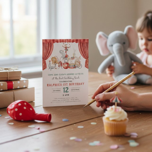Convite Watercolor Circus Elephant First Birthday (Criador carregado)