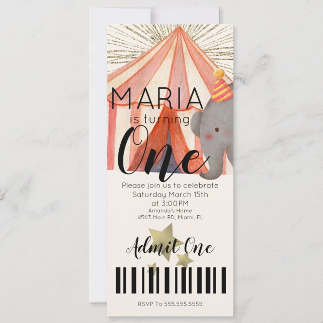 Convite Watercolor Circus First Birthday Ticket Party B (Frente)