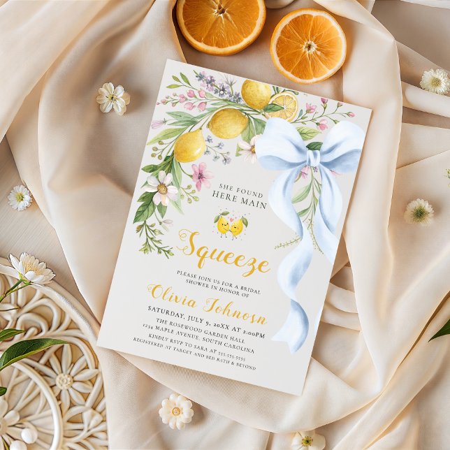 Convite Watercolor Citrus Blue Bow Summer Bridal Shower  (Criador carregado)