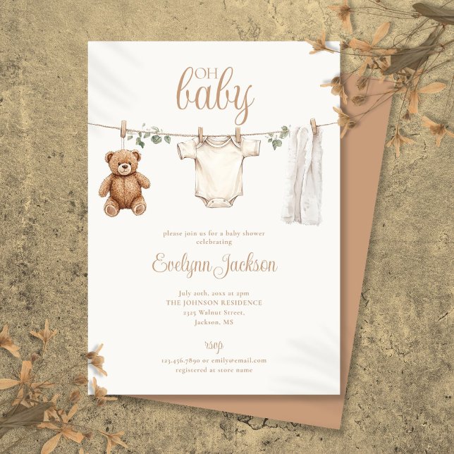 Convite Watercolor Clothesline Neutral Baby Shower (Watercolor Clothesline Neutral Baby Shower Invitation)