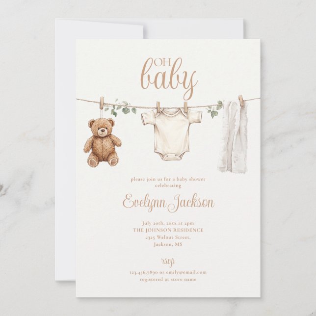 Convite Watercolor Clothesline Neutral Baby Shower (Frente)