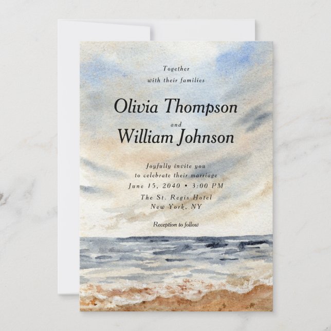 Convite Watercolor Coastal Beach Wedding Invitation (Frente)