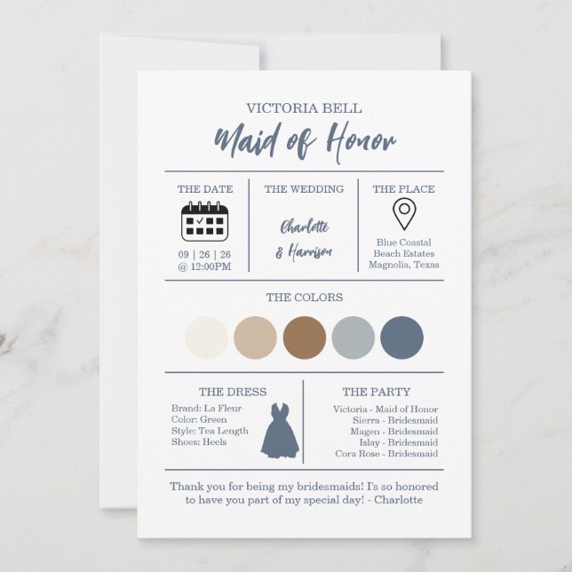 Convite Watercolor Coastal Bridesmaid Information Card (Frente)