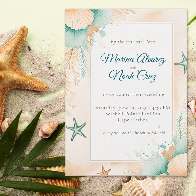 Convite Watercolor Coastal Chic Beach Wedding Invitation (Criador carregado)