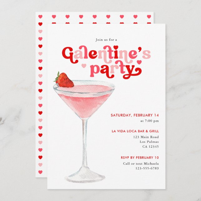 Convite Watercolor Cocktail Retro Galentine's Day Party (Frente/Verso)