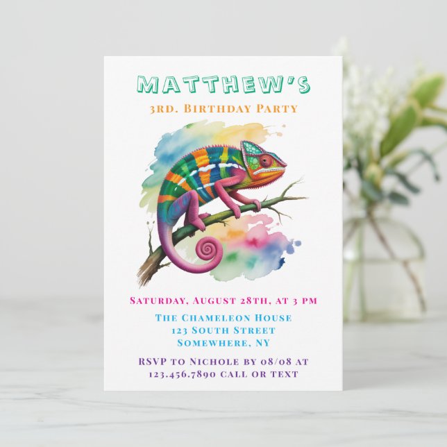 Convite Watercolor Colorful Chameleon Birthday Party (Em pé/Frente)