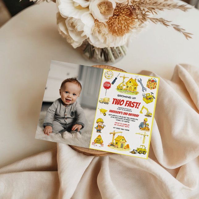 Convite Watercolor Construction 2nd Birthday Party  (Watercolor Construction 2nd Birthday Party Invitation)