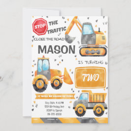 Convite Watercolor Construction Trucks - Aniversário