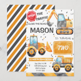 Convite Watercolor Construction Trucks - Aniversário