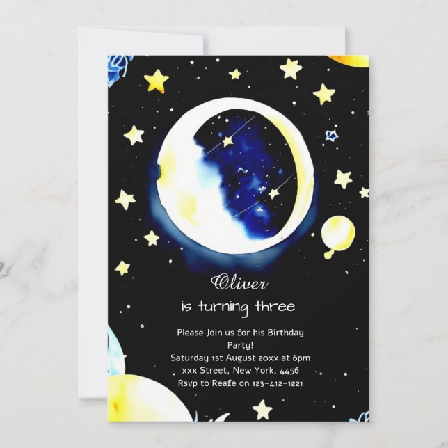 Convite Watercolor Cosmic Galaxy Birthday (Frente)