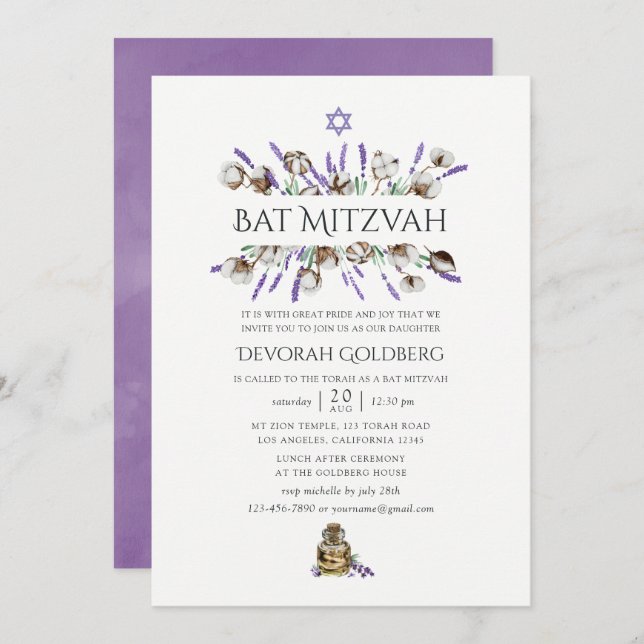 Convite Watercolor Cotton Lavanda Bat Mitzvah (Frente/Verso)