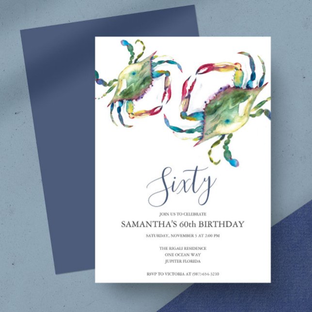 Convite Watercolor Crab Boil 60º Aniversário (Birthday invitation crab fest watercolor blue crab art by Victoria Grigaliunas)
