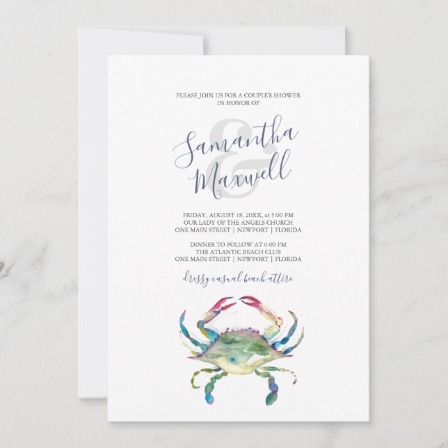 Convite Watercolor Crab Couple's Dinner Invitation (Frente)